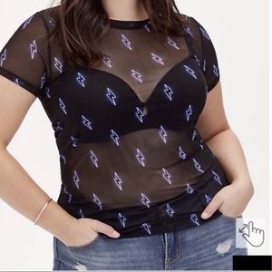 Torrid mesh black shirt with lightening bolts, size 0 (12-14).
